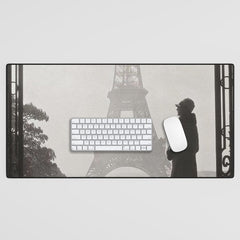 1920 Woman at the Gate, Eiffel Tower black and white photography / jazz age black & white photograph Desk Mat