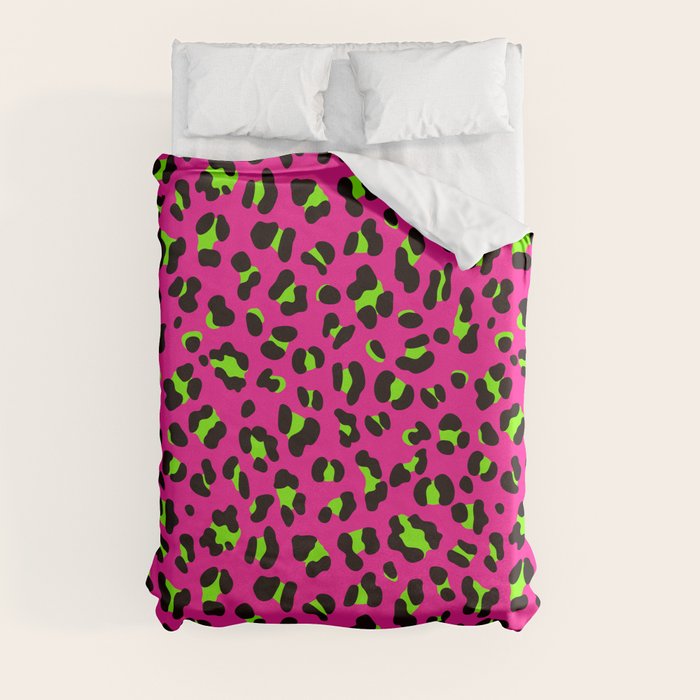80s Neon Pink and Lime Green Leopard Duvet Cover