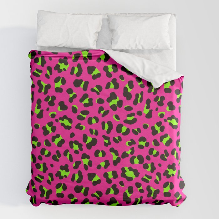 80s Neon Pink and Lime Green Leopard Duvet Cover