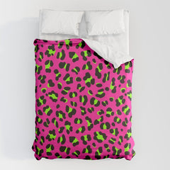 80s Neon Pink and Lime Green Leopard Duvet Cover