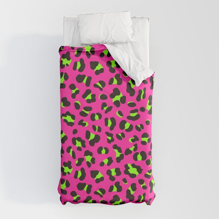 80s Neon Pink and Lime Green Leopard Duvet Cover