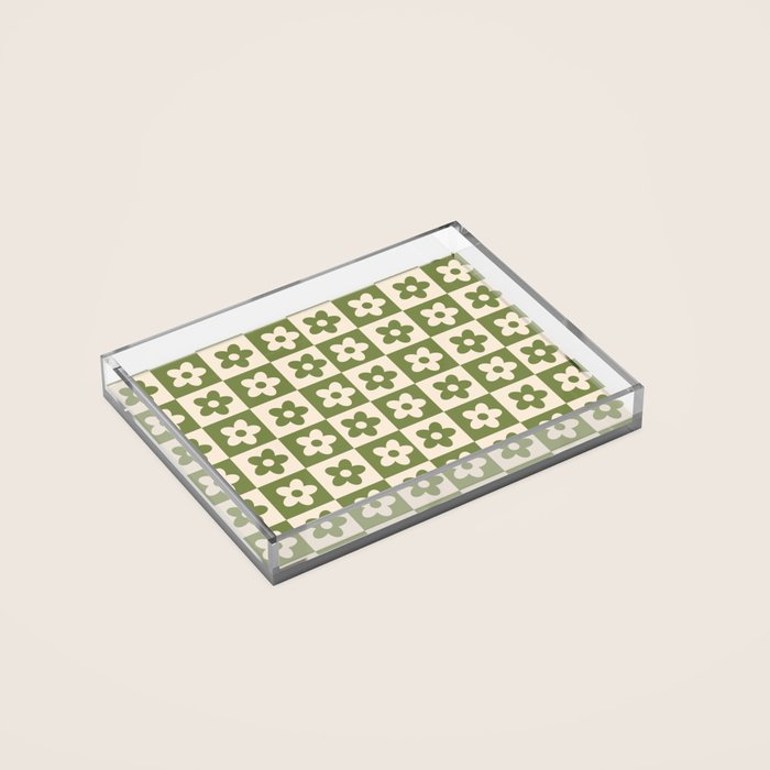 90s flowers checkers cream and green Acrylic Tray