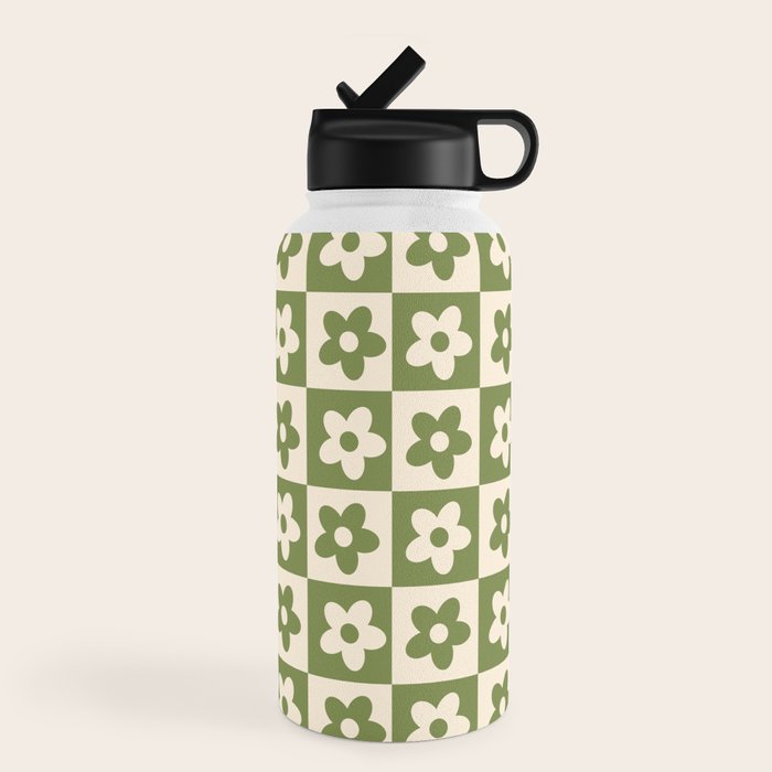 90s flowers checkers cream and green Water Bottle