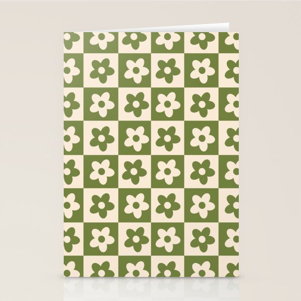 90s flowers checkers cream and green Stationery Card