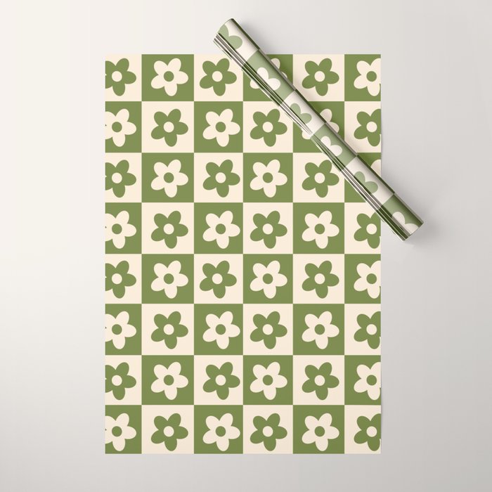 90s flowers checkers cream and green Wrapping Paper