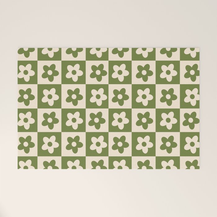 90s flowers checkers cream and green Welcome Mat
