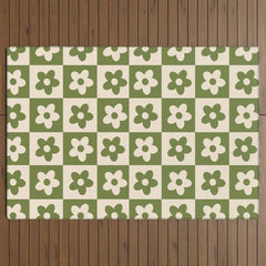 90s flowers checkers cream and green Outdoor Rug