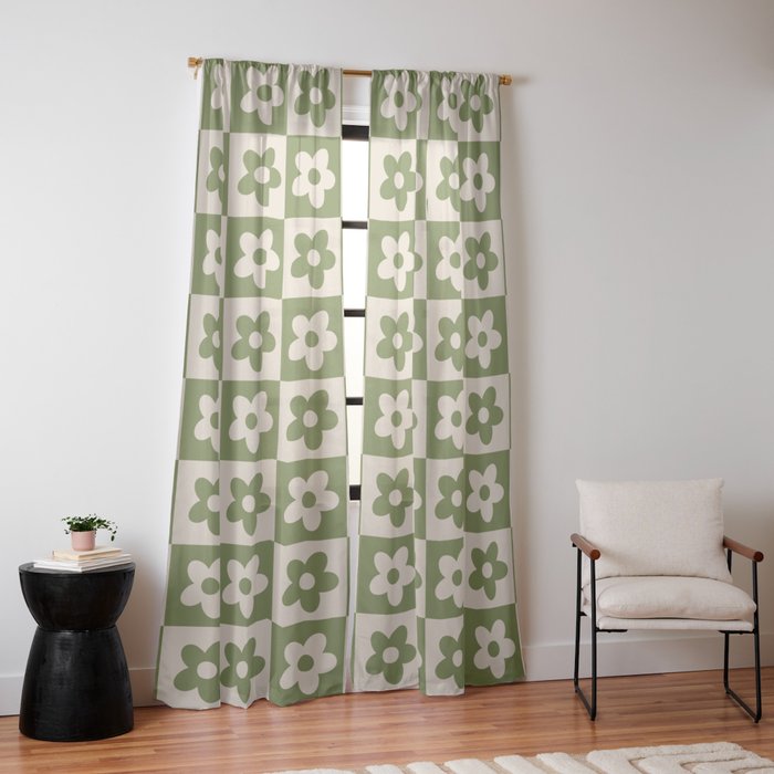 90s flowers checkers cream and green Window Curtain