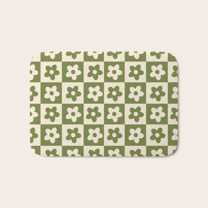 90s flowers checkers cream and green Bath Mat