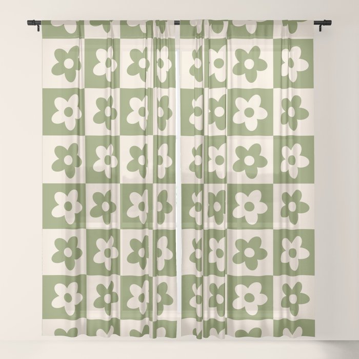 90s flowers checkers cream and green Window Curtain