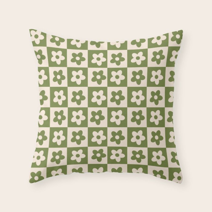 90s flowers checkers cream and green Throw Pillow