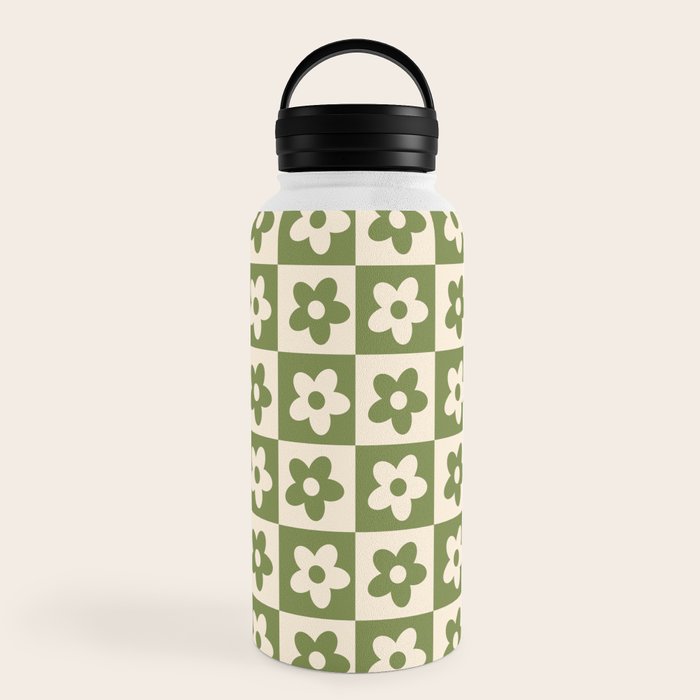 90s flowers checkers cream and green Water Bottle