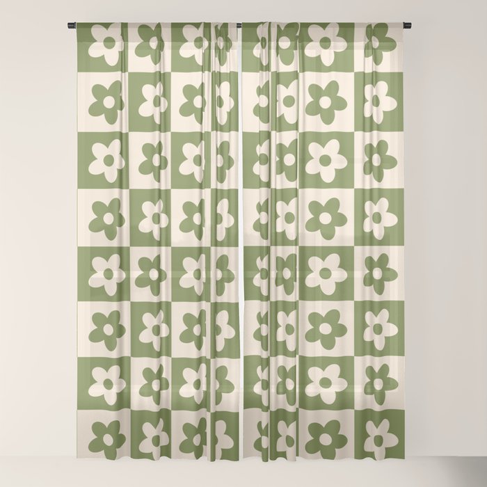 90s flowers checkers cream and green Window Curtain