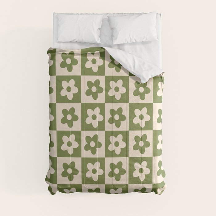 90s flowers checkers cream and green Comforter