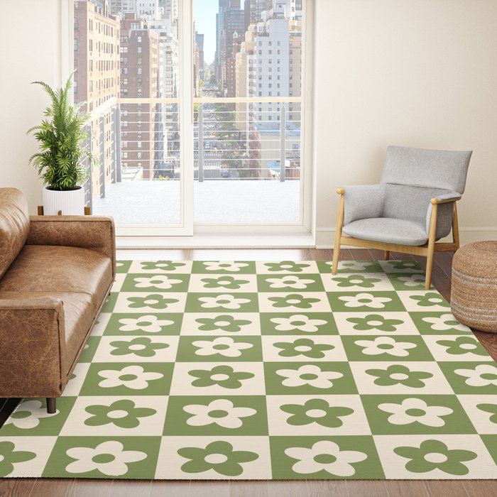 90s flowers checkers cream and green Rug