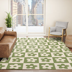 90s flowers checkers cream and green Rug