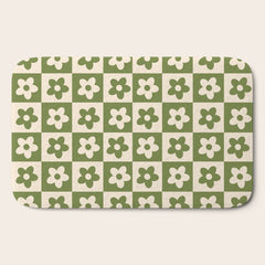 90s flowers checkers cream and green Bath Mat
