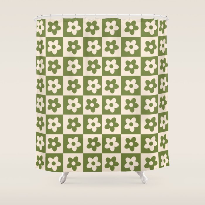 90s flowers checkers cream and green Shower Curtain