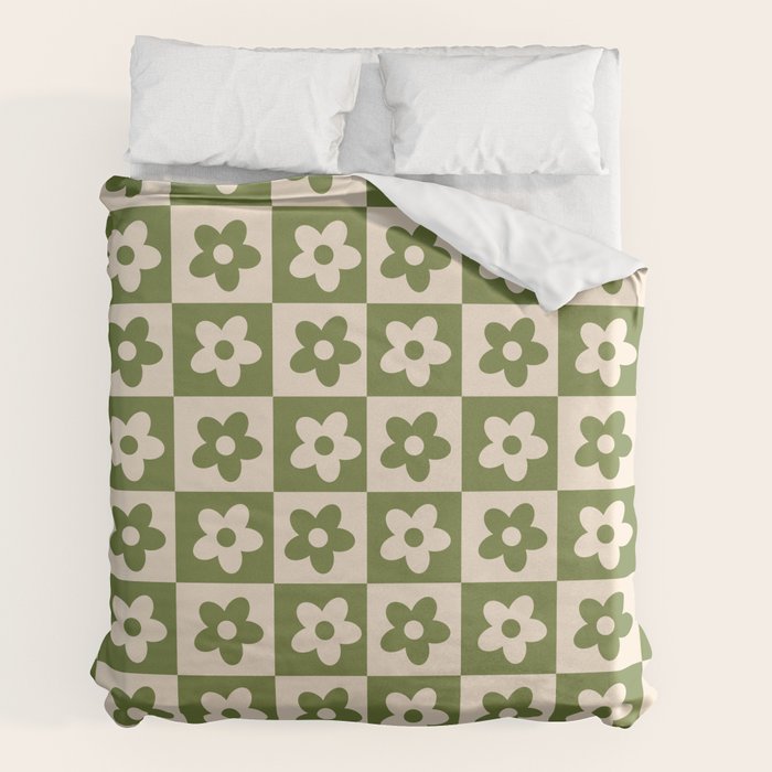 90s flowers checkers cream and green Duvet Cover