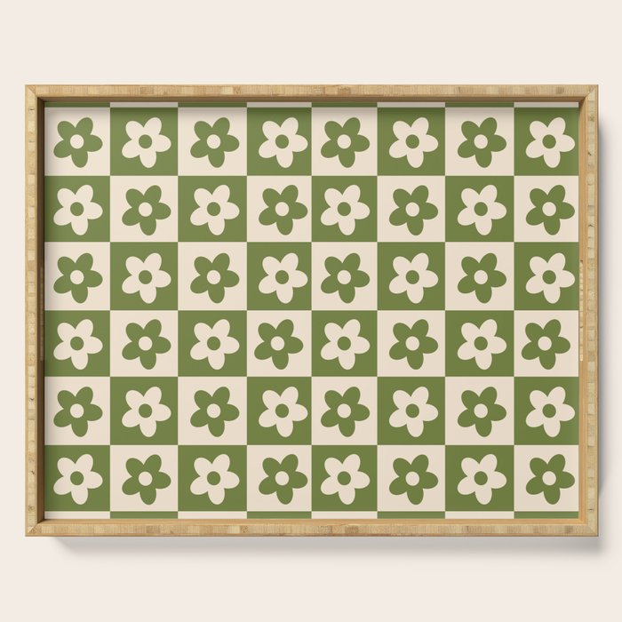 90s flowers checkers cream and green Serving Tray