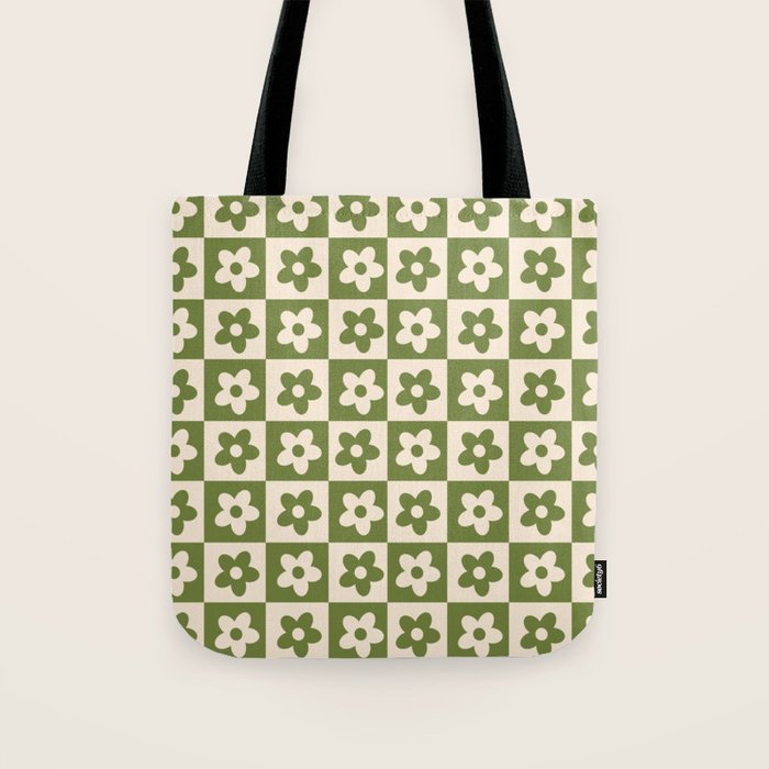 90s flowers checkers cream and green Tote Bag