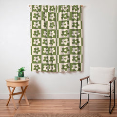 90s flowers checkers cream and green Window Curtain