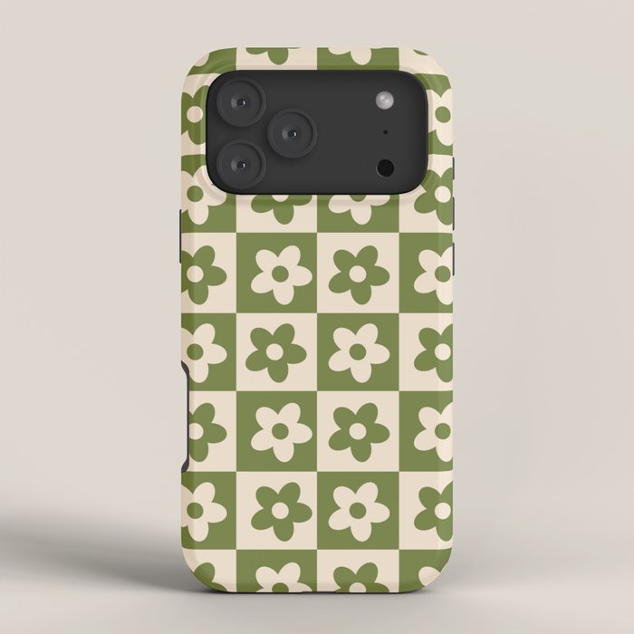 90s flowers checkers cream and green iPhone Case