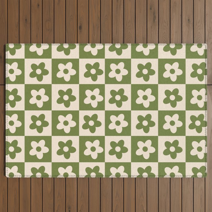 90s flowers checkers cream and green Outdoor Rug