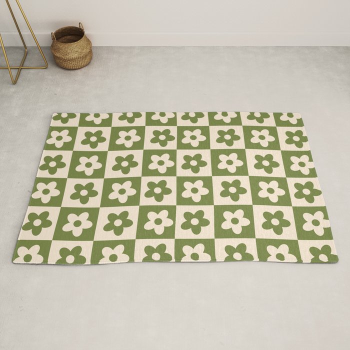 90s flowers checkers cream and green Rug