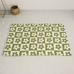 90s flowers checkers cream and green Rug