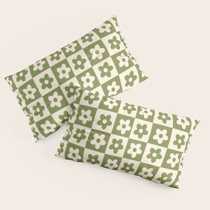 90s flowers checkers cream and green Pillow Sham