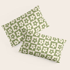 90s flowers checkers cream and green Pillow Sham