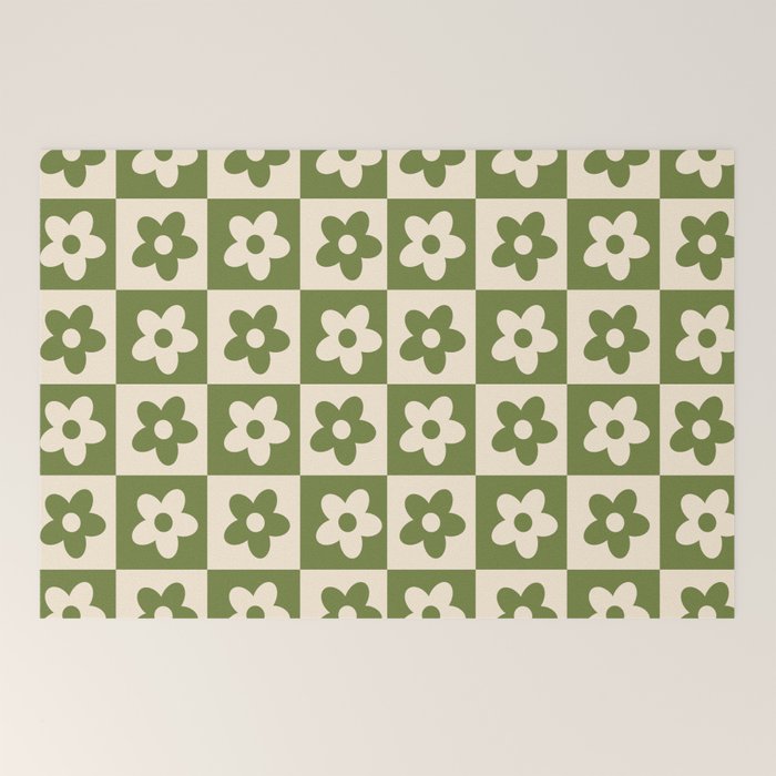 90s flowers checkers cream and green Welcome Mat