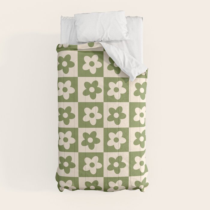 90s flowers checkers cream and green Comforter