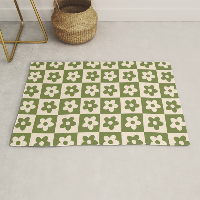90s flowers checkers cream and green Rug