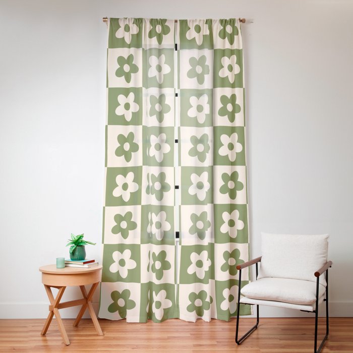 90s flowers checkers cream and green Window Curtain