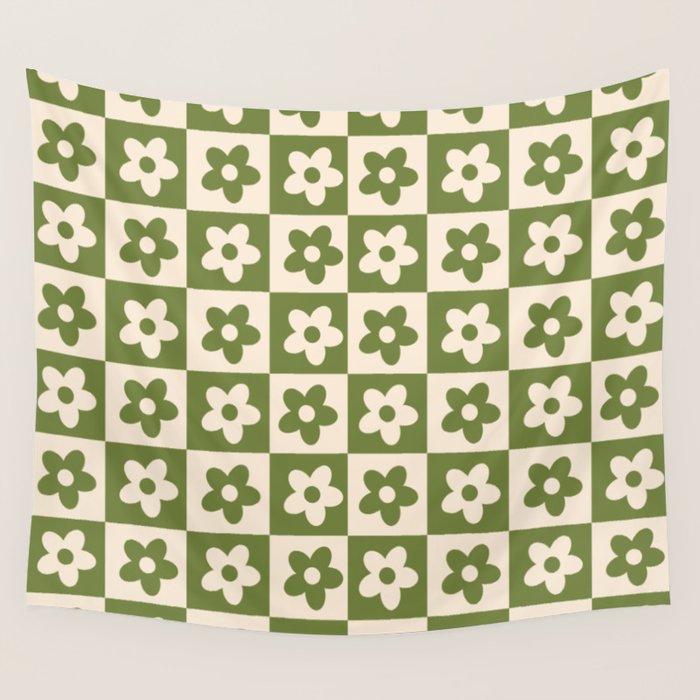 90s flowers checkers cream and green Wall Tapestry