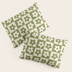 90s flowers checkers cream and green Pillow Sham