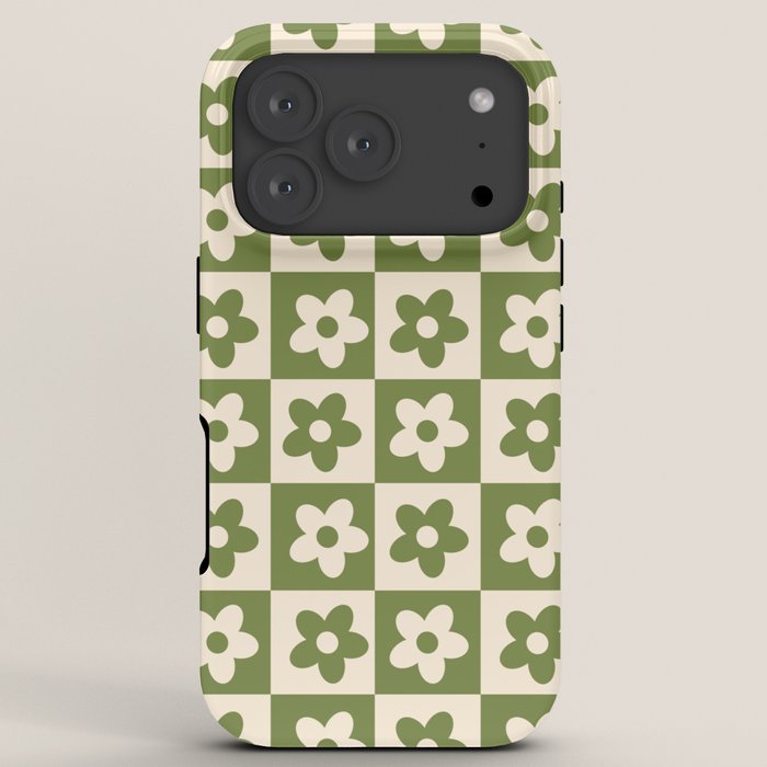 90s flowers checkers cream and green iPhone Case