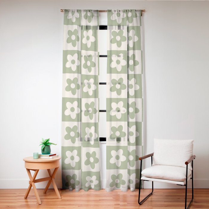 90s flowers checkers cream and green Window Curtain