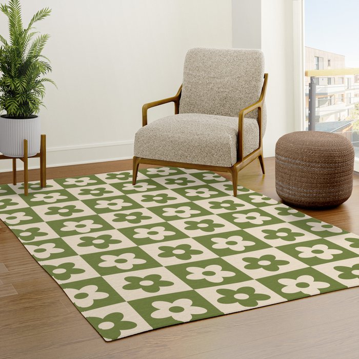 90s flowers checkers cream and green Rug