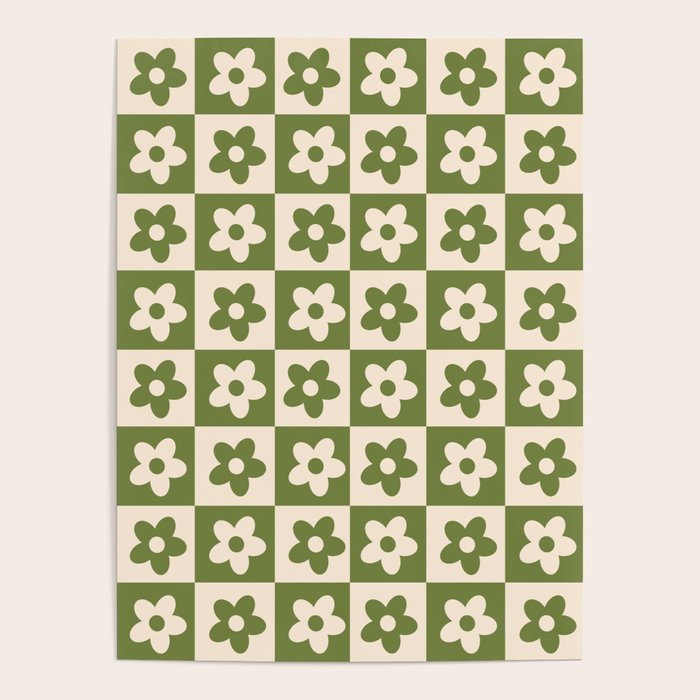 90s flowers checkers cream and green Poster