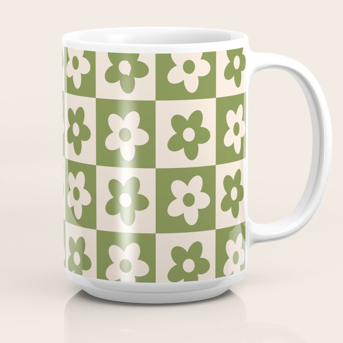90s flowers checkers cream and green Coffee Mug
