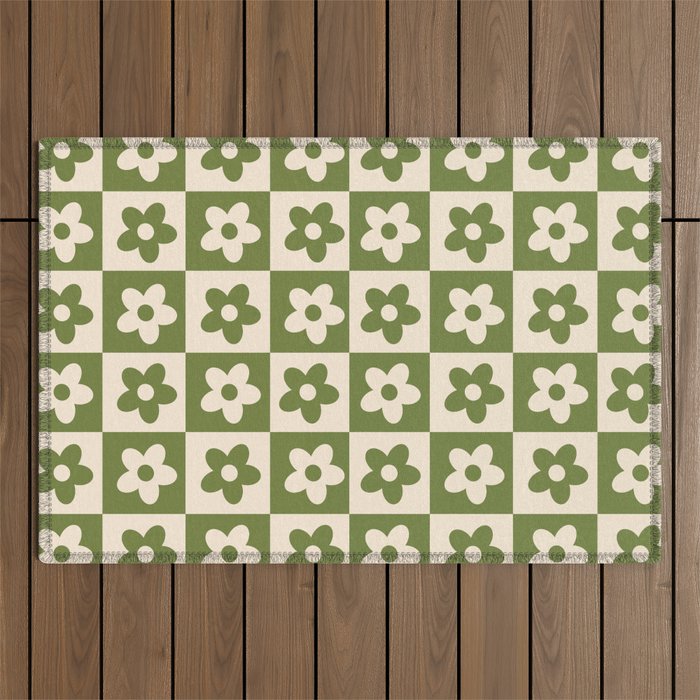 90s flowers checkers cream and green Outdoor Rug