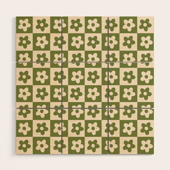 90s flowers checkers cream and green Wood Wall Art