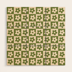 90s flowers checkers cream and green Wood Wall Art