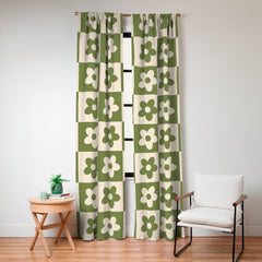 90s flowers checkers cream and green Window Curtain