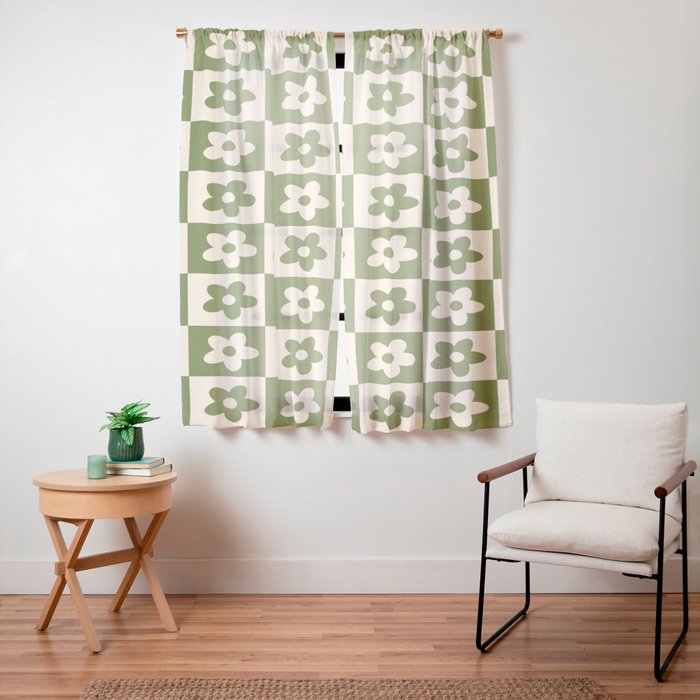 90s flowers checkers cream and green Window Curtain