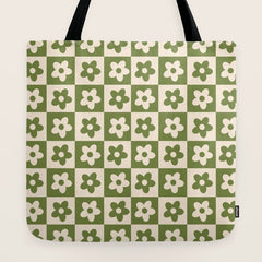 90s flowers checkers cream and green Tote Bag