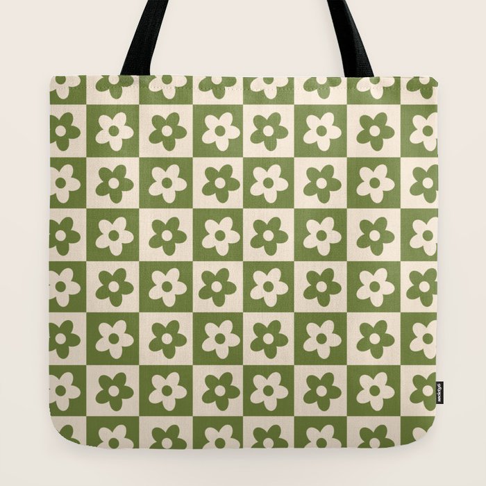 90s flowers checkers cream and green Tote Bag